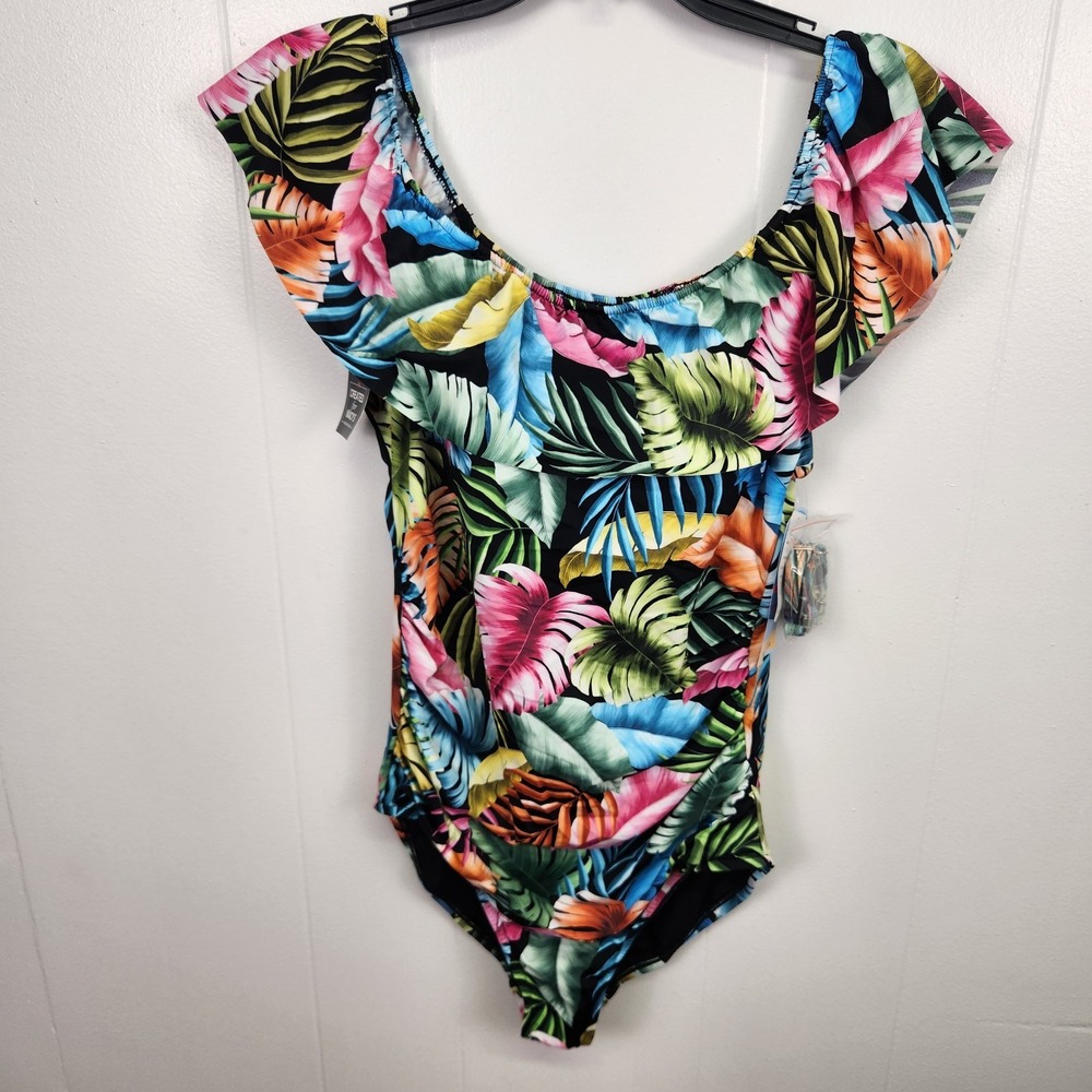 Swim Solutions Off Shoulder One Piece Swimsuit Size 18 Tropical Leaf Print Tummy